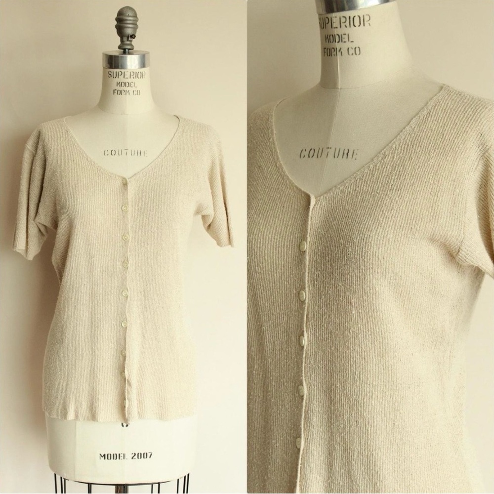 Vintage 90s Raw Silk Noil Knit Beige Cardigan, Short Sleeved